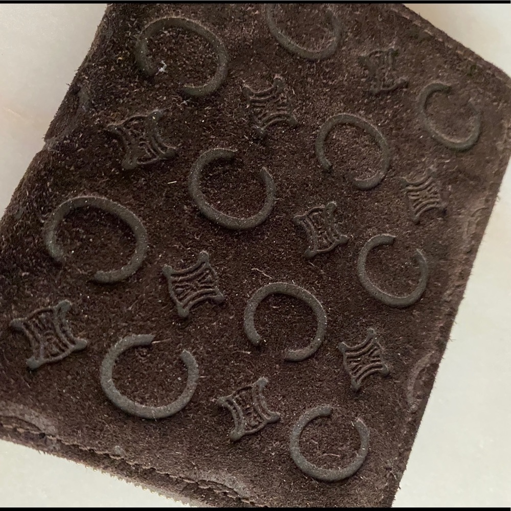 Brown suede Celine zip around card wallet